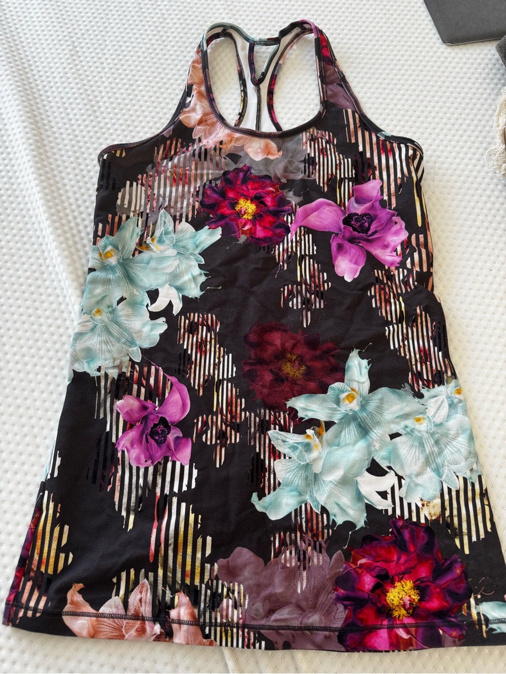 Floral Racerback Tank Top - Black with Multi-Color Blooms XS